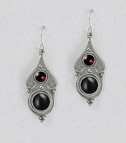 Sterling Silver Black Onyx And Garnet Gemstone Drop Dangle Earrings